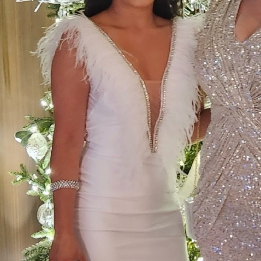 White Silk Long Dress w/ Feathers and Rhinestones